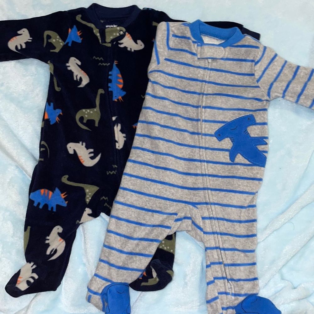 2pc dinosaur and hammer shark fleece footed onesies.